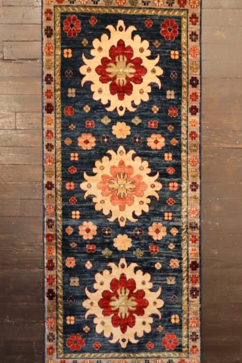 Hand-Knotted Navy Floral Kazak Runner