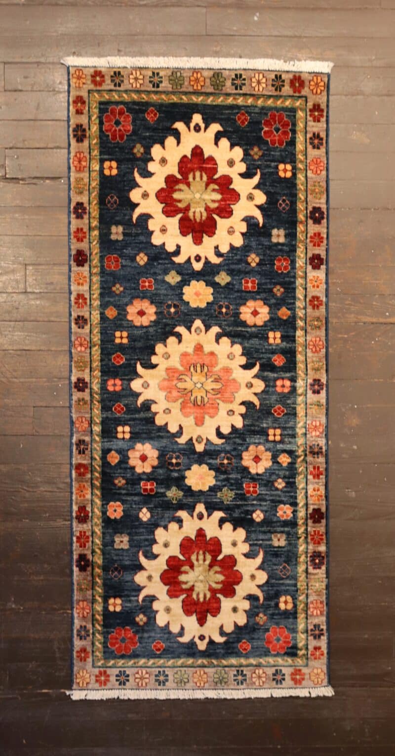Hand-Knotted Navy Floral Kazak Runner