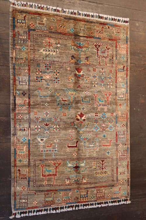 Hand-knotted Animal and Folk Pictorial Afghan Wool Rug
