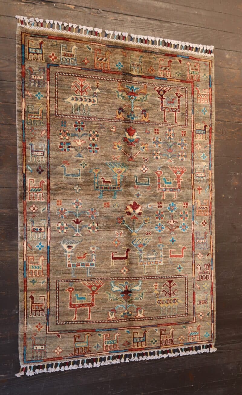 Hand-knotted Animal and Folk Pictorial Afghan Wool Rug