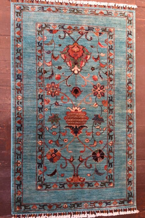 Handknotted Turquoise Persian-Style Floral Rug