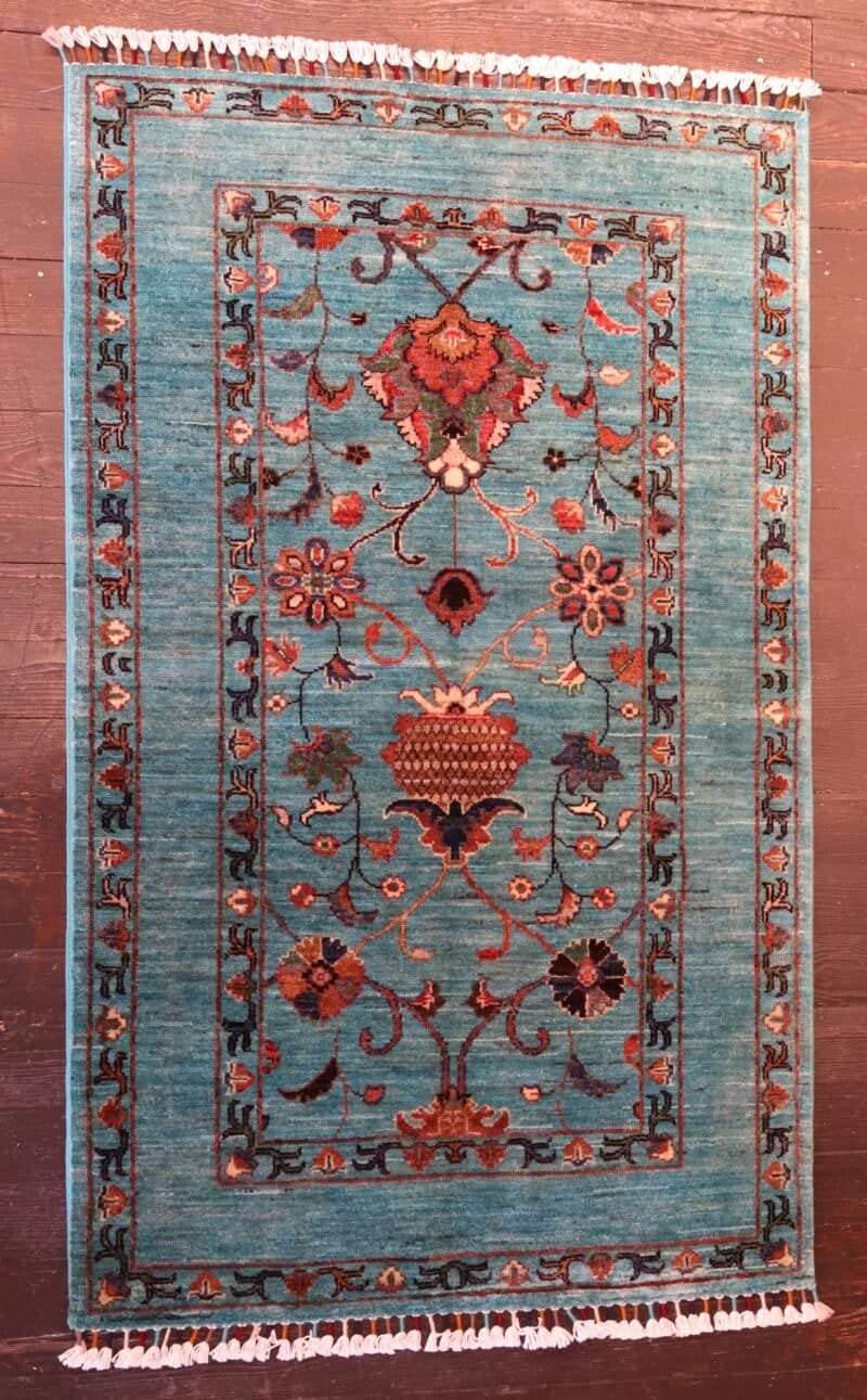 Handknotted Turquoise Persian-Style Floral Rug